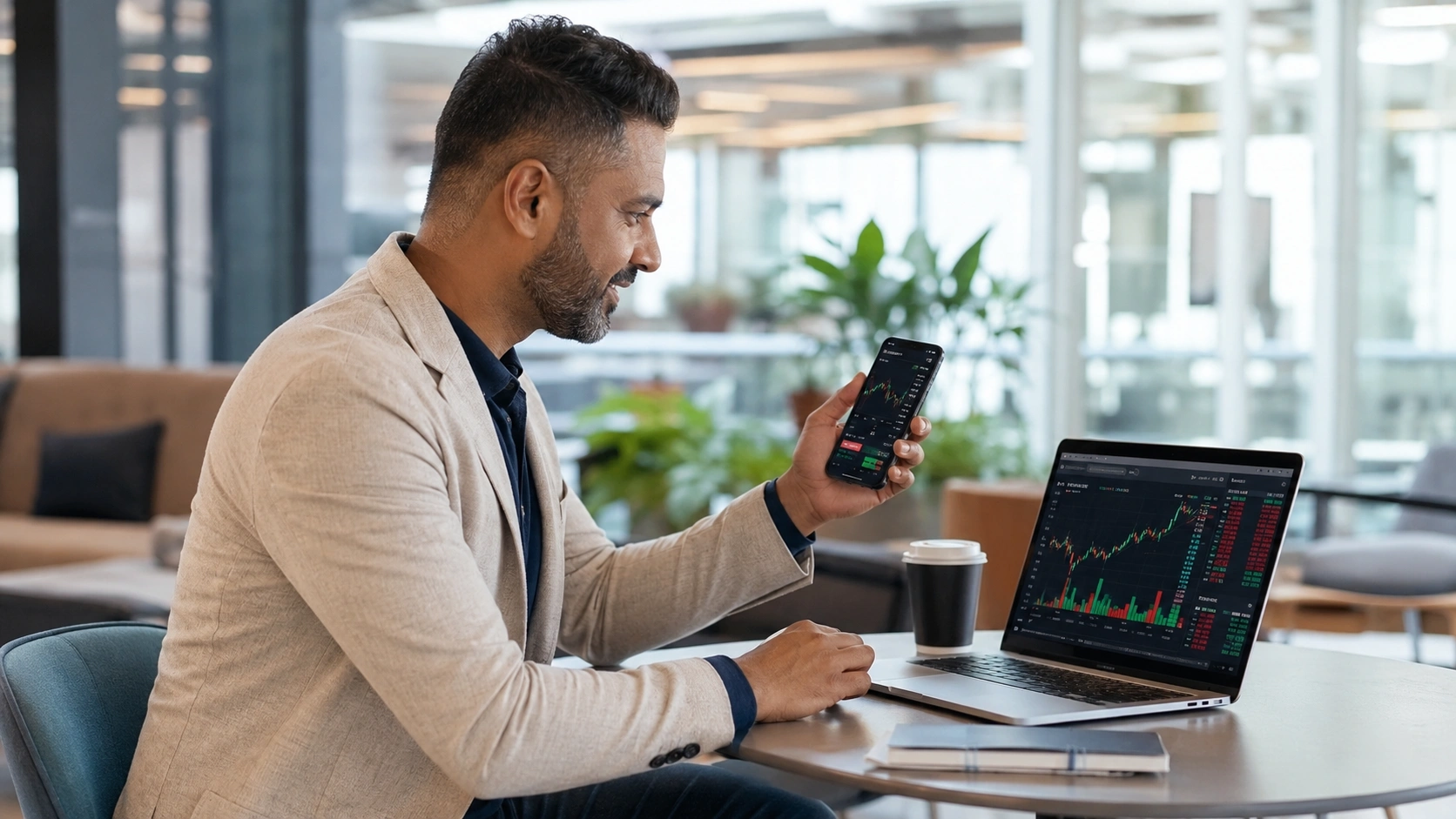 Operador utilizando AI App en su teléfono y ordenador portátil